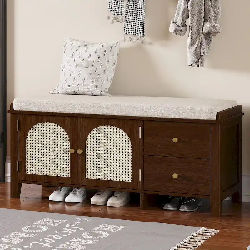 Storage Bench with Cushion,2 Drawers and Rattan Doors for Entryway