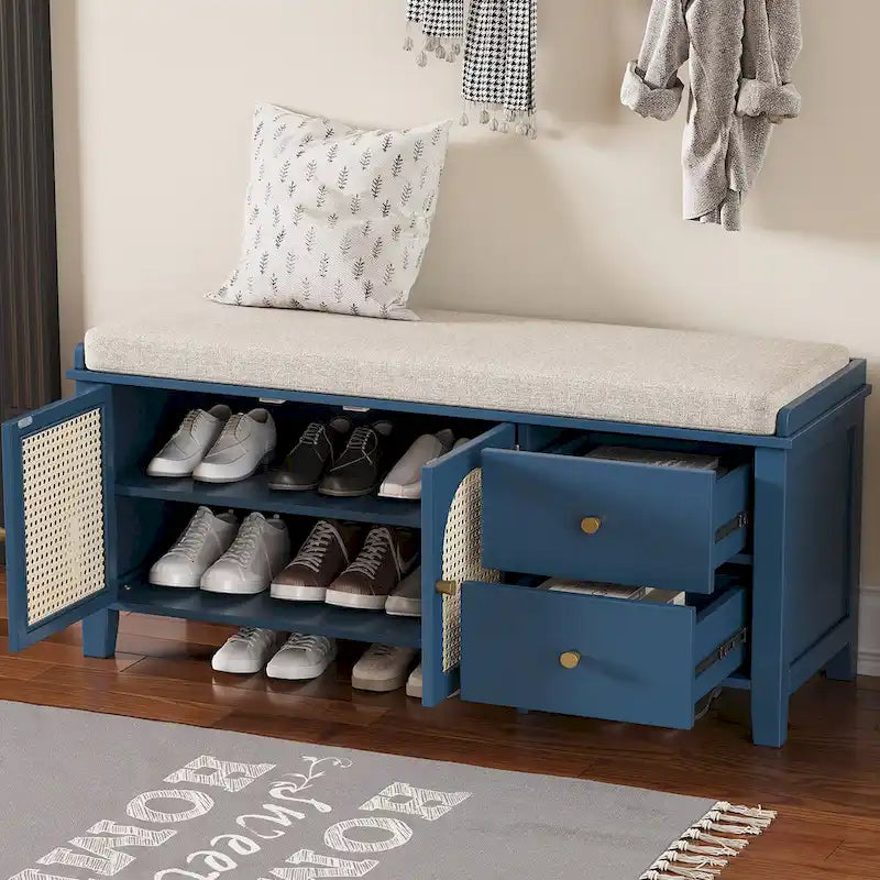 Storage Bench with Cushion,2 Drawers and Rattan Doors for Entryway