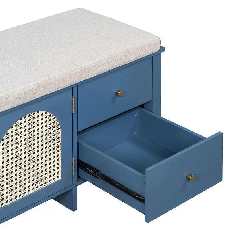 Storage Bench with Cushion,2 Drawers and Rattan Doors for Entryway