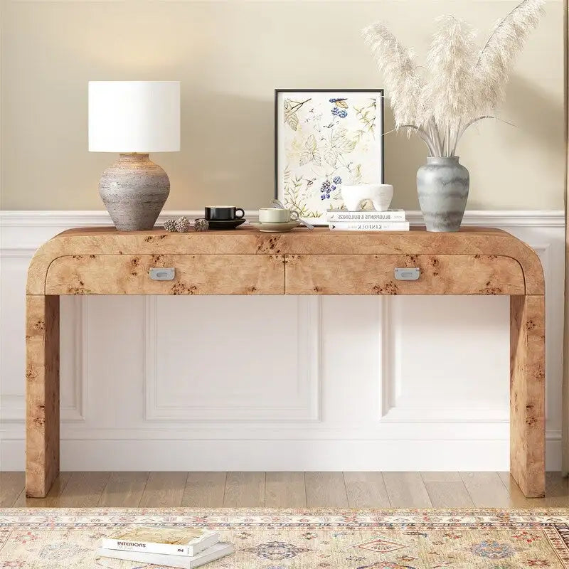 Retro Style Console Table with 2 Storage Drawers, Modern Entryway Table Sofa Table with Sleek Minimalist Legs for Living Room