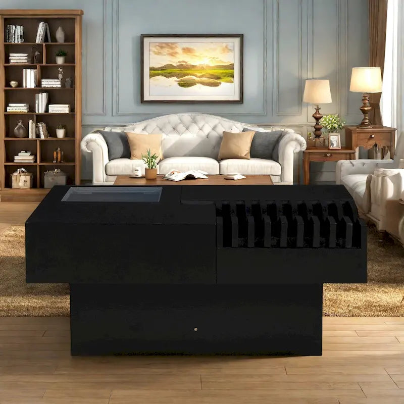 33  Solid Wood Multifunctional Square Coffee Table with Wave Design, Storage Drawers