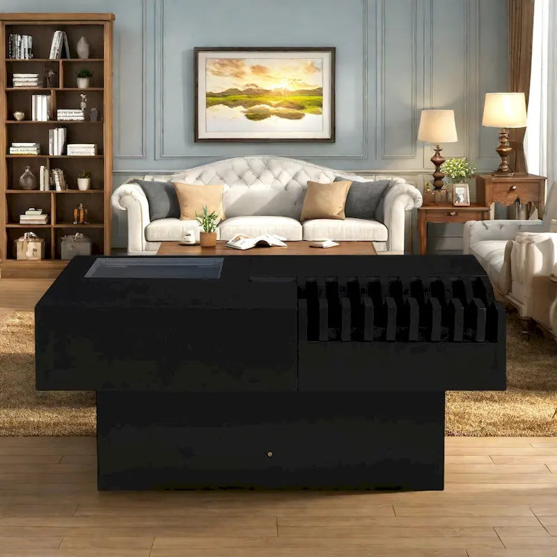 33  Solid Wood Multifunctional Square Coffee Table with Wave Design, Storage Drawers