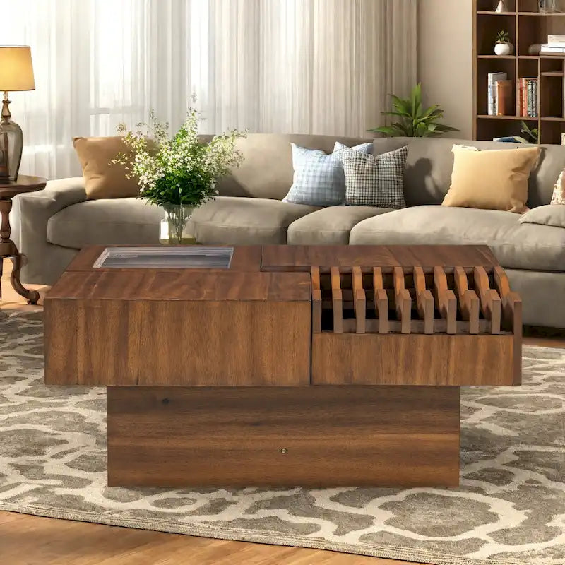 33  Solid Wood Multifunctional Square Coffee Table with Wave Design, Storage Drawers