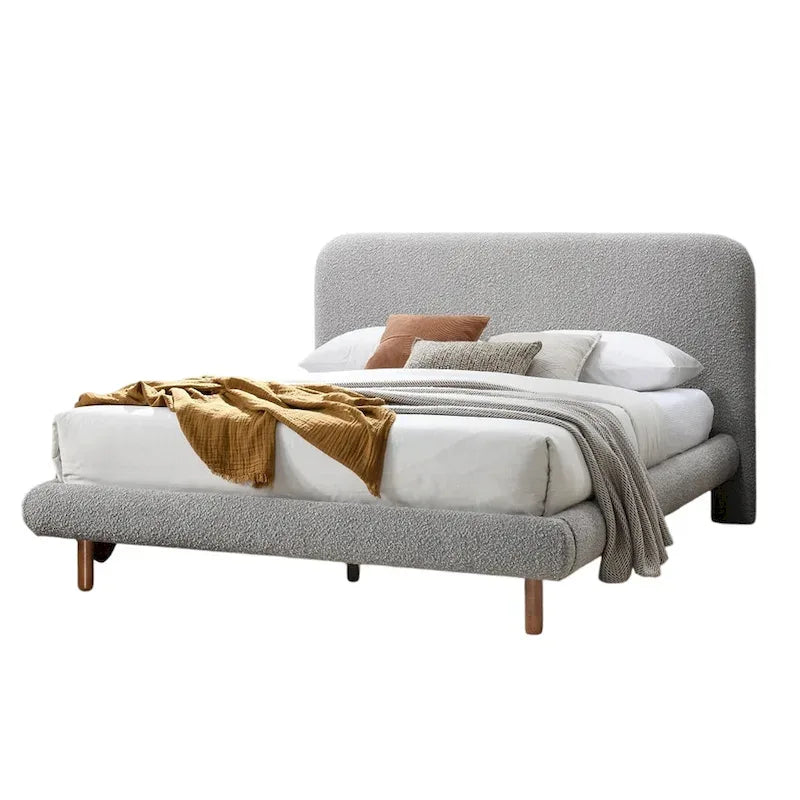 Damazy King Size Bed, Curved Edges, Gray Boucle Upholstery, Brown Wood