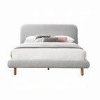 Damazy King Size Bed, Curved Edges, Gray Boucle Upholstery, Brown Wood