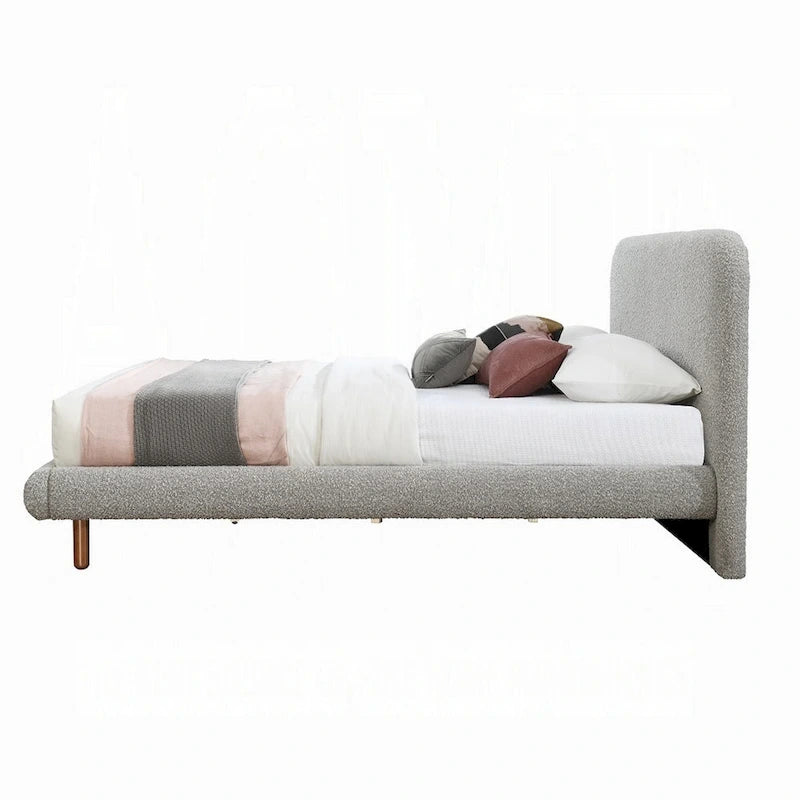 Damazy King Size Bed, Curved Edges, Gray Boucle Upholstery, Brown Wood