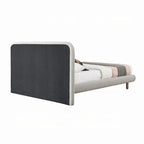 Damazy King Size Bed, Curved Edges, Gray Boucle Upholstery, Brown Wood