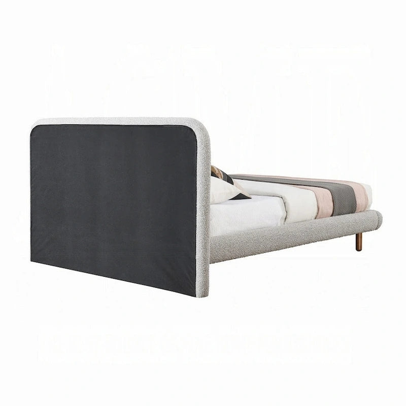 Damazy King Size Bed, Curved Edges, Gray Boucle Upholstery, Brown Wood