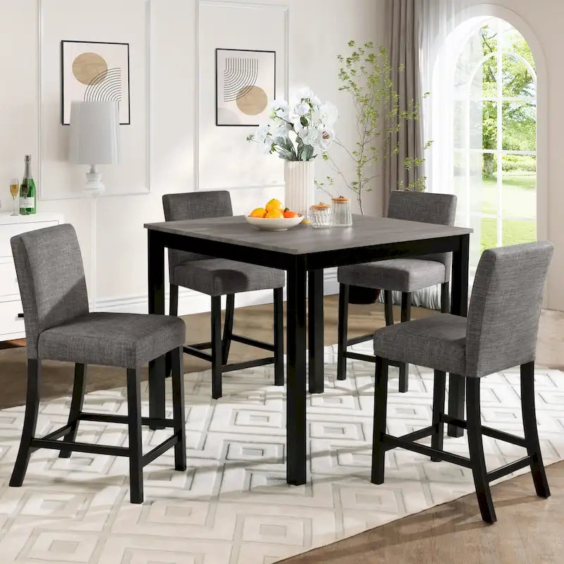 5 Piece Counter Height Table Set, Wooden Kitchen Table and Chairs Set with Square Table and 4 Upholstered Chairs