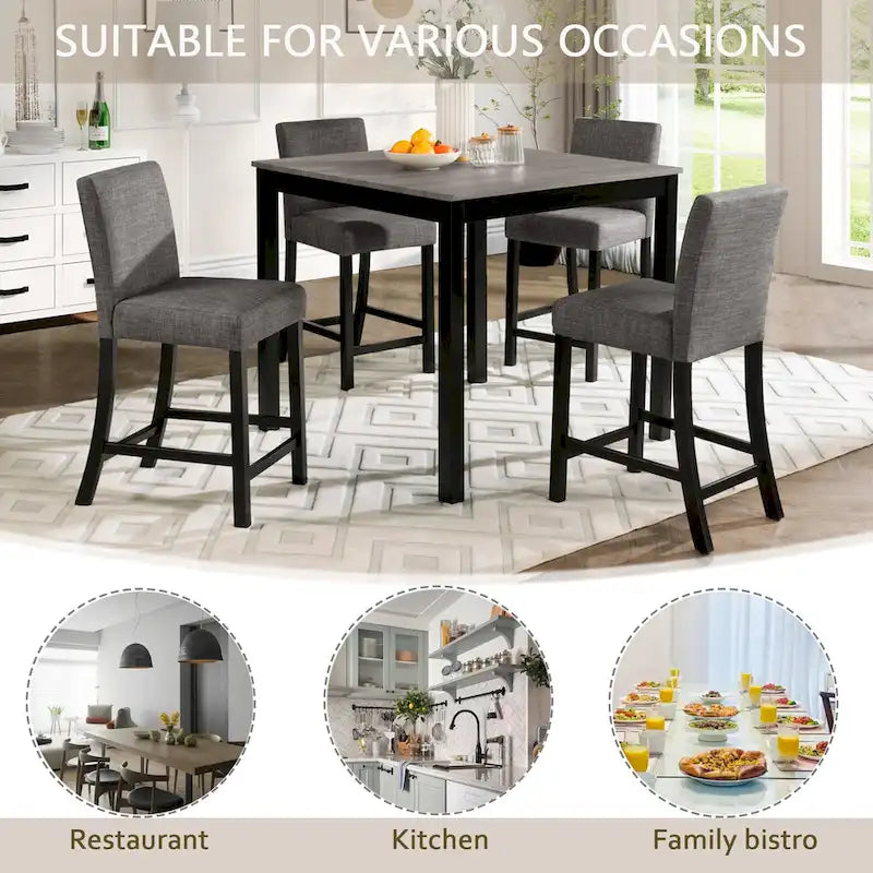 5 Piece Counter Height Table Set, Wooden Kitchen Table and Chairs Set with Square Table and 4 Upholstered Chairs