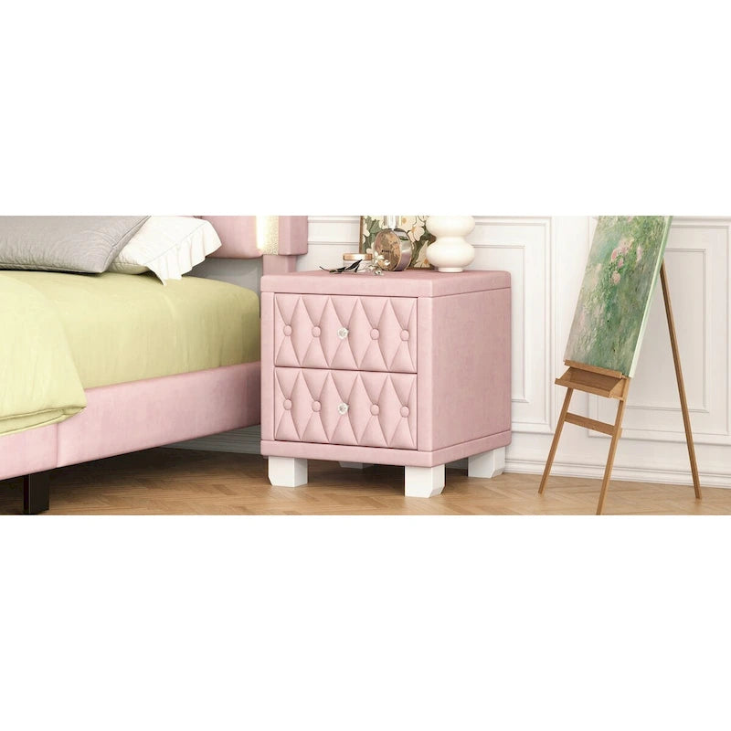 Elegant Velvet Nightstand, Bedside Storage Cabinet with Button-Tufted, Side Table with 2 Drawers with Crystal Handles