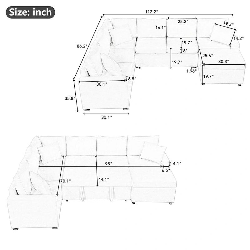 Roomfitters Sectional Sofa Pull-Out Bed Sleeper with Storage Ottoman, Three Pillows, and Built-In Charging Devices