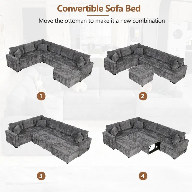 Roomfitters Sectional Sofa Pull-Out Bed Sleeper with Storage Ottoman, Three Pillows, and Built-In Charging Devices