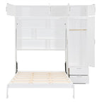 Queen Size Murphy Bed Wall Bed with Wardrobe, Top Cabinets and Storage Shelves, Foldable Murphy Cabinet Bed with 2 Drawers