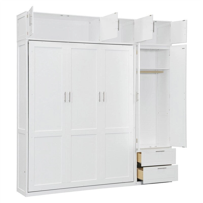 Queen Size Murphy Bed Wall Bed with Wardrobe, Top Cabinets and Storage Shelves, Foldable Murphy Cabinet Bed with 2 Drawers