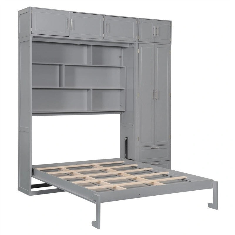 Queen Size Murphy Bed Wall Bed with Wardrobe, Top Cabinets and Storage Shelves, Foldable Murphy Cabinet Bed with 2 Drawers