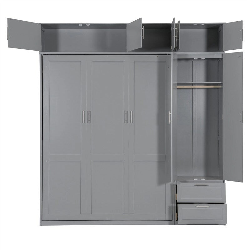 Queen Size Murphy Bed Wall Bed with Wardrobe, Top Cabinets and Storage Shelves, Foldable Murphy Cabinet Bed with 2 Drawers