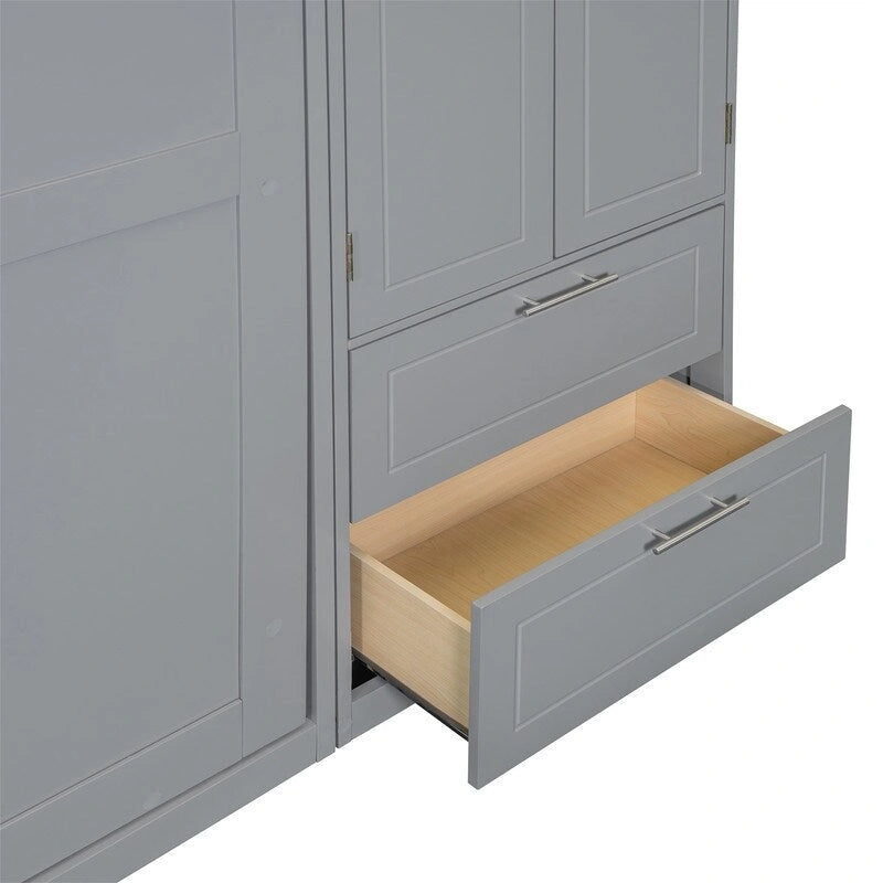 Queen Size Murphy Bed Wall Bed with Wardrobe, Top Cabinets and Storage Shelves, Foldable Murphy Cabinet Bed with 2 Drawers