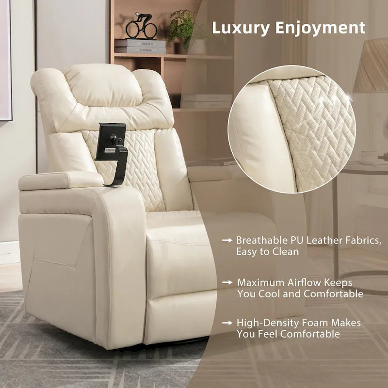 270 Swivel PU Leather Power Recliner with Phone Holder, Cup Holder, USB Port Home Theater Recliner for Living Room