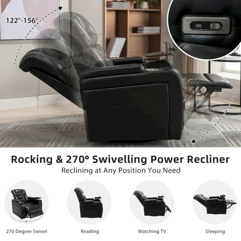 270 Swivel PU Leather Power Recliner with Phone Holder, Cup Holder, USB Port Home Theater Recliner for Living Room