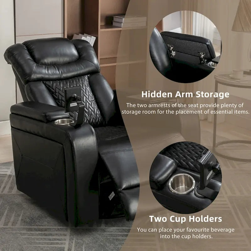 270 Swivel PU Leather Power Recliner with Phone Holder, Cup Holder, USB Port Home Theater Recliner for Living Room
