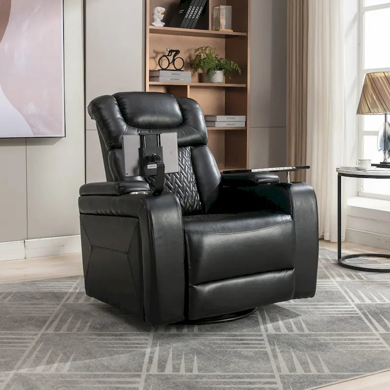270 Swivel PU Leather Power Recliner with Phone Holder, Cup Holder, USB Port Home Theater Recliner for Living Room