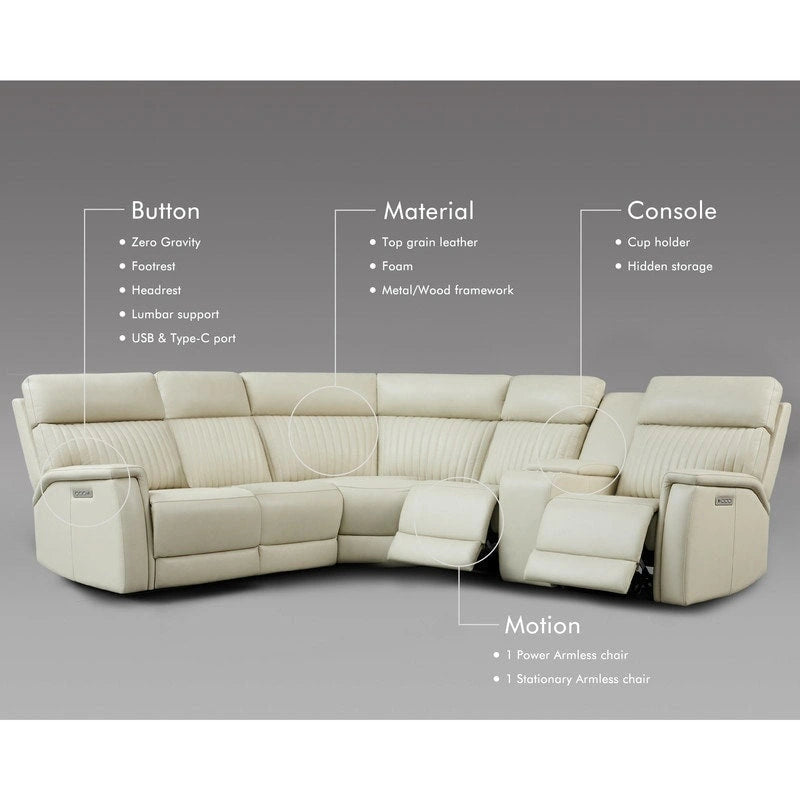 105  W Genuine Leather Power Sectional with Recliner Sofa Set with Single Console, USB&USB-C Ports, 1 Power ArmlessChair