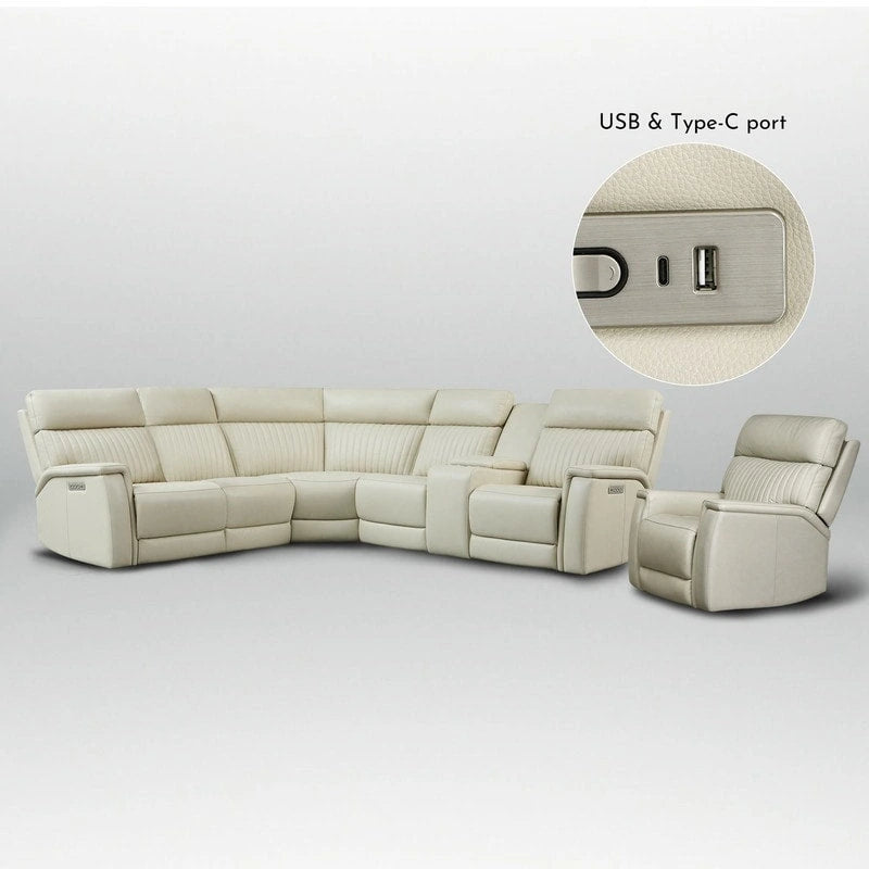 105  W Genuine Leather Power Sectional with Recliner Sofa Set with Single Console, USB&USB-C Ports, 1 Power ArmlessChair