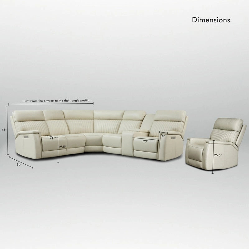105  W Genuine Leather Power Sectional with Recliner Sofa Set with Single Console, USB&USB-C Ports, 1 Power ArmlessChair