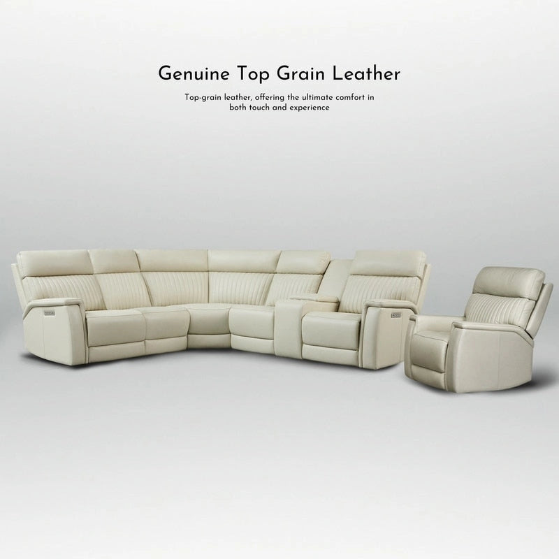 105  W Genuine Leather Power Sectional with Recliner Sofa Set with Single Console, USB&USB-C Ports, 1 Power ArmlessChair
