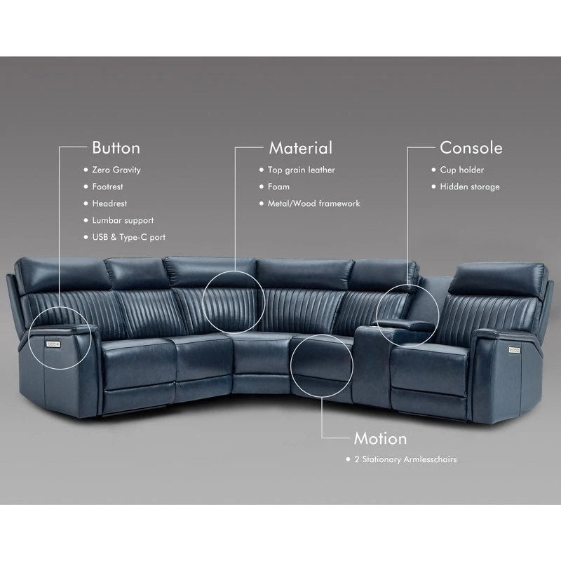 105  W Genuine Leather Power Sectional with Recliner Sofa Set with Single Console, USB&USB-C Ports, 1 Power ArmlessChair