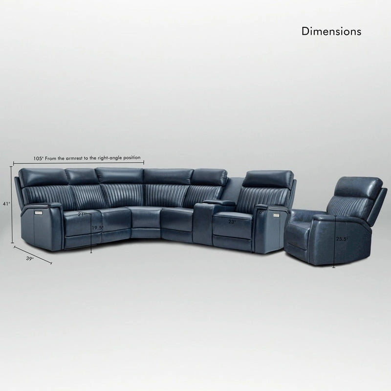 105  W Genuine Leather Power Sectional with Recliner Sofa Set with Single Console, USB&USB-C Ports, 1 Power ArmlessChair