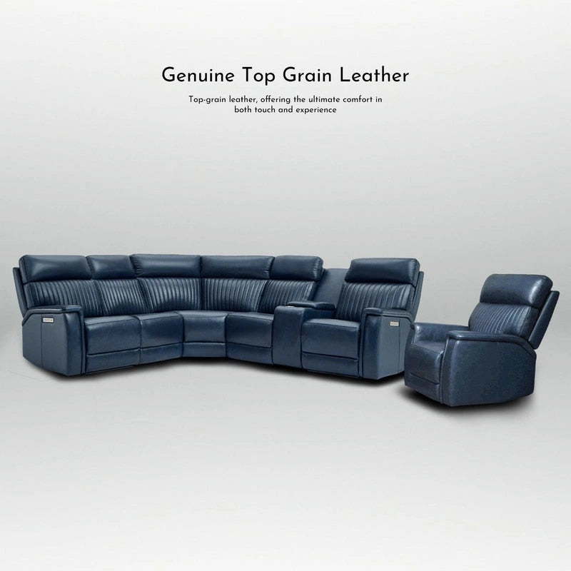 105  W Genuine Leather Power Sectional with Recliner Sofa Set with Single Console, USB&USB-C Ports, 1 Power ArmlessChair