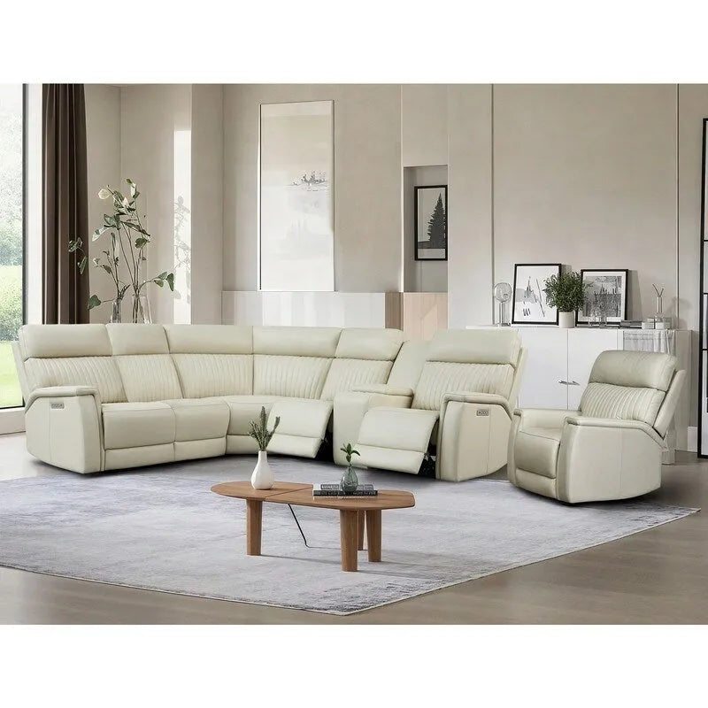105  W Genuine Leather Power Sectional with Recliner Sofa Set with Single Console, USB&USB-C Ports, 1 Power ArmlessChair