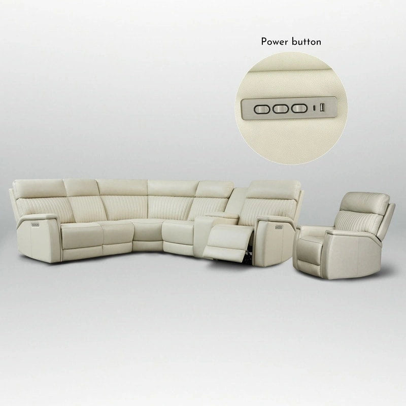 105  W Genuine Leather Power Sectional with Recliner Sofa Set with Single Console, USB&USB-C Ports, 1 Power ArmlessChair