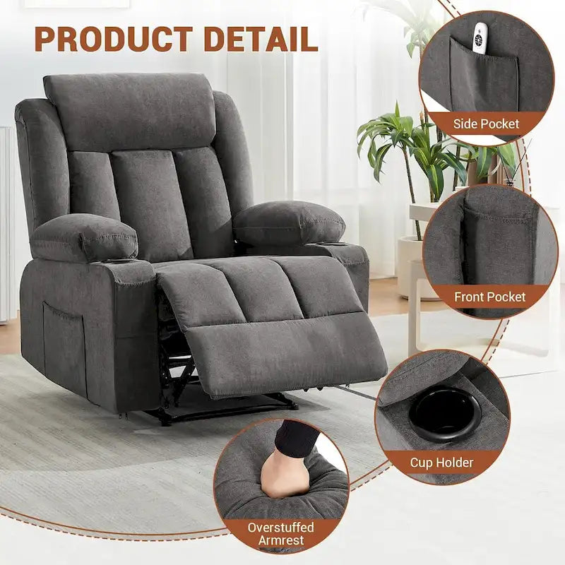 Oversized Manual Recliner Chair with Vibration Massage and Heat, Classic Overstuffed Deep Seat Sofa