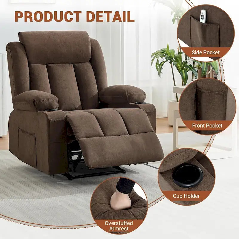 Oversized Manual Recliner Chair with Vibration Massage and Heat, Classic Overstuffed Deep Seat Sofa