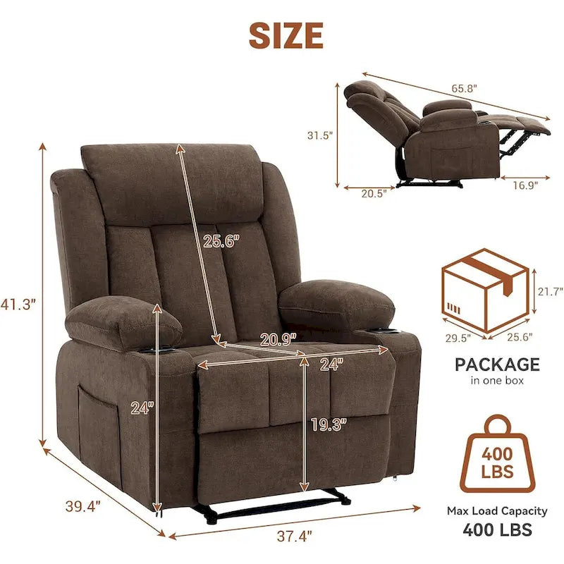 Oversized Manual Recliner Chair with Vibration Massage and Heat, Classic Overstuffed Deep Seat Sofa