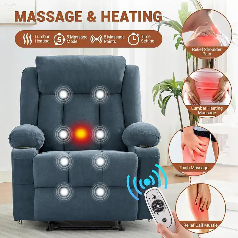 Oversized Manual Recliner Chair with Vibration Massage and Heat, Classic Overstuffed Deep Seat Sofa