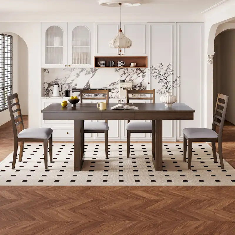 5 Piece Extendable Dining Table Set, Farmhouse Extendable Table with 18  Move Leaf