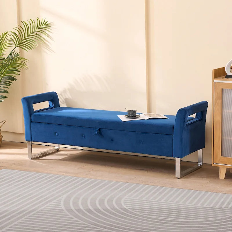 67.91  Velvet Storage Bench with Armrests and Wood Frame for Bedroom