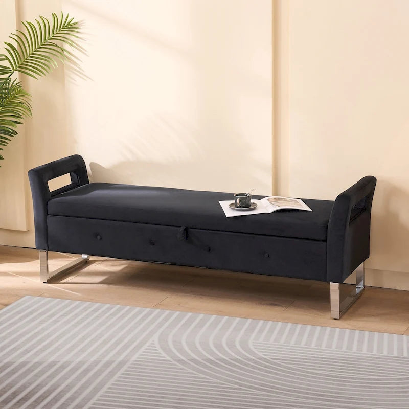 67.91  Velvet Storage Bench with Armrests and Wood Frame for Bedroom