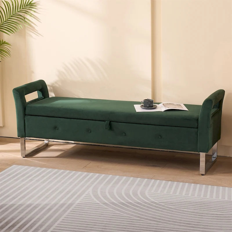 67.91  Velvet Storage Bench with Armrests and Wood Frame for Bedroom
