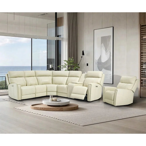 104  W 6 Seater Genuine Leather Power Sectional and 39  W Recliner Set with Zero Gravity, USB Ports, 2 stationaryarmlesschairs