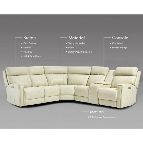 104  W 6 Seater Genuine Leather Power Sectional and 39  W Recliner Set with Zero Gravity, USB Ports, 2 stationaryarmlesschairs
