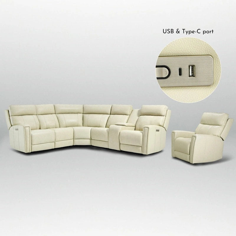 104  W 6 Seater Genuine Leather Power Sectional and 39  W Recliner Set with Zero Gravity, USB Ports, 2 stationaryarmlesschairs