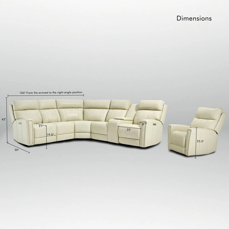 104  W 6 Seater Genuine Leather Power Sectional and 39  W Recliner Set with Zero Gravity, USB Ports, 2 stationaryarmlesschairs