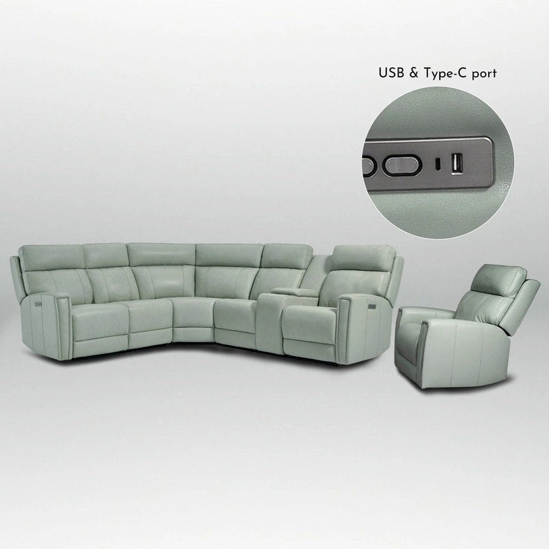 104  W 6 Seater Genuine Leather Power Sectional and 39  W Recliner Set with Zero Gravity, USB Ports, 2 stationaryarmlesschairs