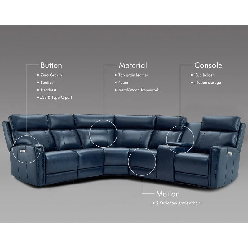 104  W 6 Seater Genuine Leather Power Sectional and 39  W Recliner Set with Zero Gravity, USB Ports, 2 stationaryarmlesschairs