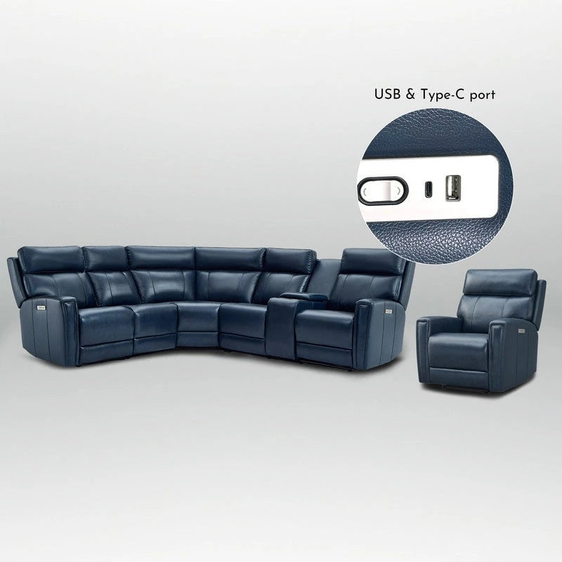 104  W 6 Seater Genuine Leather Power Sectional and 39  W Recliner Set with Zero Gravity, USB Ports, 2 stationaryarmlesschairs